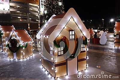 Small house with light decoration in the Christmas village Stock Photo