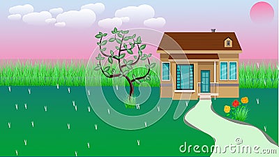 Small House With Nice Green Court Yard And Flower. Vector Illustration