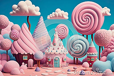 small house in a pastel colored candyland with lolliipops Stock Photo