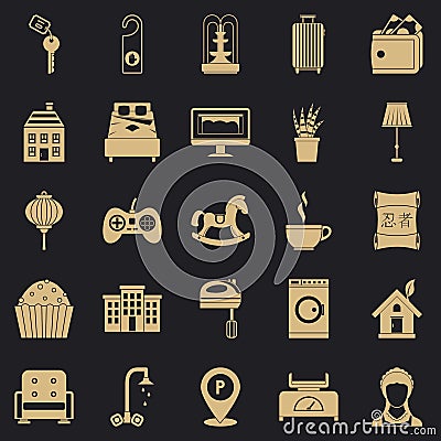 Small house for rest icons set, simple style Vector Illustration