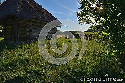 A small house of solid wooden logs with a straw roof Stock Photo