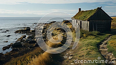 Charming Wooden House On Sandy Shore: Bucolic Landscapes And Coastal Beauty Stock Photo