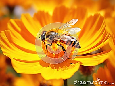 Hover fly on bright orange flower Cartoon Illustration