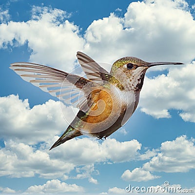 Hummingbird Flight Flying Hovering Clouds Background Stock Photo