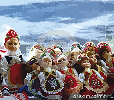 Small Hungarian dolls in typical costume, illustrative drawing Stock Photo