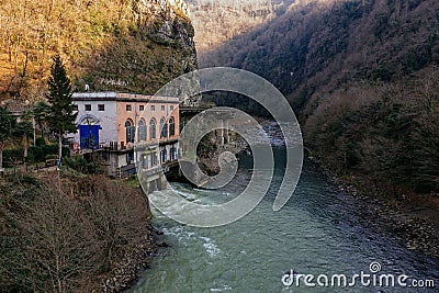 Small hydroelectric power station in mountains, Mahunceti, Georgia, aerial view Stock Photo