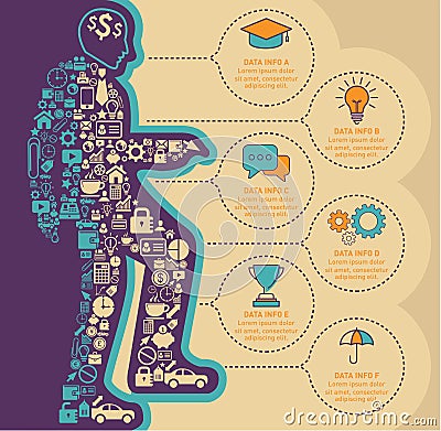 Small icons form an illustration of an entrepreneur up the stairs with business Infographic design template. Vector Illustration