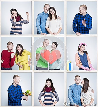 Small images of happy loving marriage reminding old times of youth and first dates Stock Photo