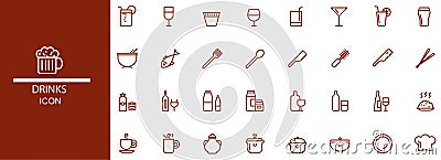 icons simple line drink. beer, juice, fish, coffee, rice etc. isolated white baground. editable eps 10 Stock Photo