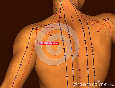 Acupuncture Point SI9 Jianzhen, 3D Illustration, Brown Background Stock Photo