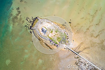 Small island church in lagoon near Posedarje aerial view Stock Photo