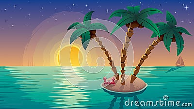 Small Island Landscape Sunset Vector Illustration