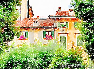 Small Italian courtyard in Verona. Cartoon Illustration