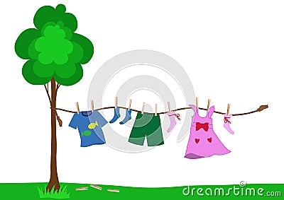 Small kid clothes drying on a rope Vector Illustration