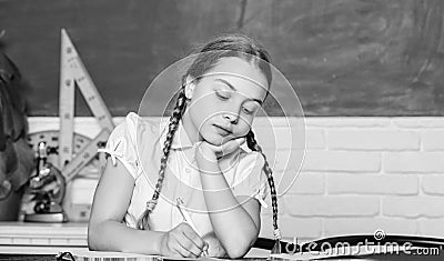 Small kid study school. Knowledge day. Hometask concept. Back to school on first of september. Hooked on learning Stock Photo