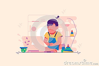 Small kid watching cartoons on modern laptop Vector Illustration