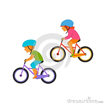 Small kids boy and girl riding bikes Vector Illustration