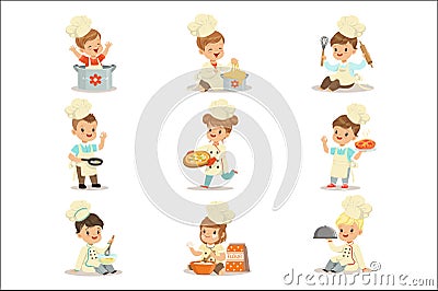 Small Kids In Chief Double-Brested Coat And Toque Hat Cooking Food And BAking Set OF Cute Cartoon Characters Preparing Vector Illustration