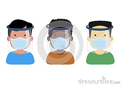 Small kids with facemask and face shield protection - isolated Vector Illustration