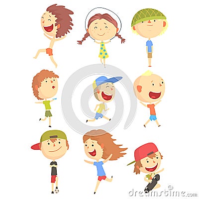 Small Kids Playing And Running, Having Fun On Summer Vacation Outdoors Series Of Cool Cartoon Characters Vector Illustration