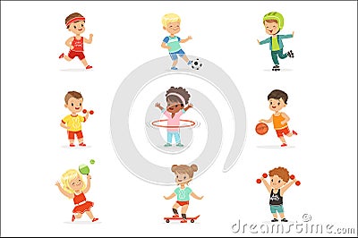 Small Kids Playing Sportive Games And Enjoying Different Sports Exercises Outdoors And In Gym Set Of Cartoon Vector Illustration