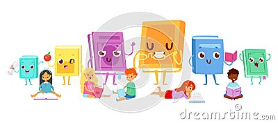 Small kids reading books vector illustration. Cute kawaii books and children sitting and lying. Kids love to read books Vector Illustration