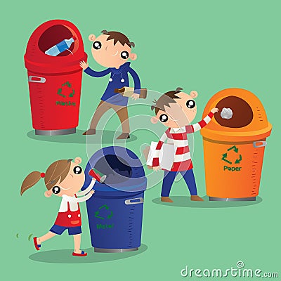 Small kids sort their wastes and put the trash in recycling bins Vector Illustration