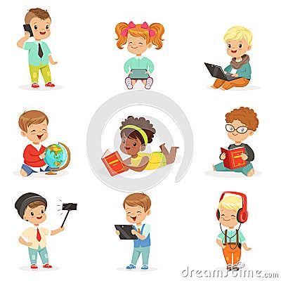 Small Kids Using Modern Gadgets And Reading Books, Childhood And Technology Series Of Cute Illustrations Vector Illustration