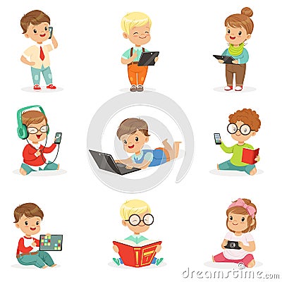 Small Kids Using Modern Gadgets And Reading Books, Childhood And Technology Set Of Cute Illustrations Vector Illustration