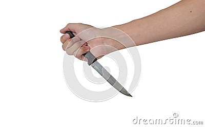 Small kitchen knife in man hand seems hold on back isolated with white background Stock Photo
