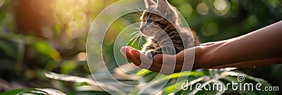 A small kitten sitting in a persons hand with green leaves, AI Stock Photo