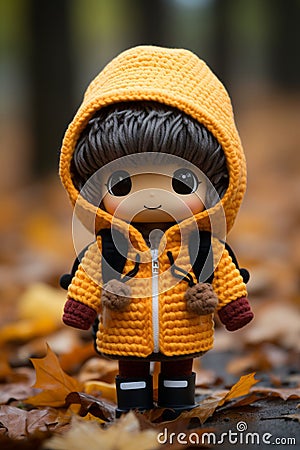 a small knitted doll wearing a yellow jacket Stock Photo