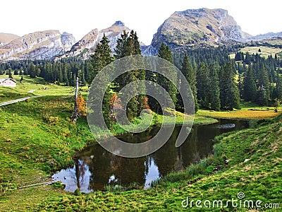 A small lake on the grassy plateau of the Churfirsten mountain range Stock Photo