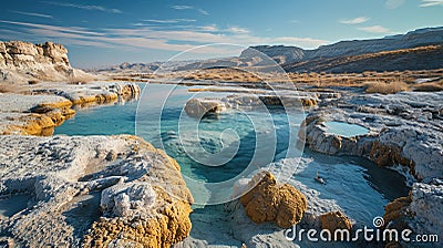 A small lake within a white rocky landscape Cartoon Illustration