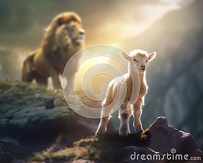 Lamb is bold because Lion is near Stock Photo