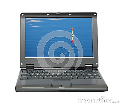 Small laptop with fishing themes Stock Photo