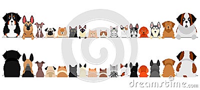 Small and large dogs and cats border set, upper body, front and back Vector Illustration