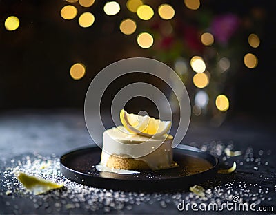 Small lemon cake, decorated with a thick layer of icing and a slice of lemon, dark background Stock Photo