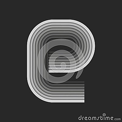 Small letter e lower case initial monogram 3d logo, layered monochrome gradient, parallel stripes pattern, bold ribbons curves Vector Illustration