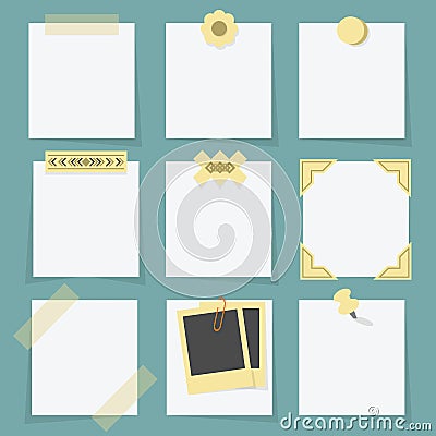 Small little attached blank paper notes on teal background Vector Illustration