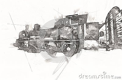 Small locomotive, steam, photography, rusty, wagon, train, art, illustration, drawing, sketch, antique, retro, vintage. Cartoon Illustration