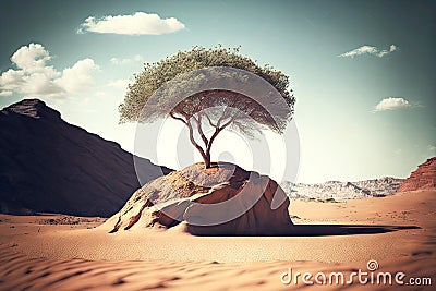 small lonely tree growing on sandy desert hill against background of large rock Stock Photo