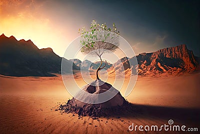 small lonely tree sprout rising from sand into hot empty against backdrop of beaful mountains Stock Photo