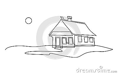 Small lonely wooden house in the field. Landscape at sunset Continuous line drawing. Vector illustration Vector Illustration