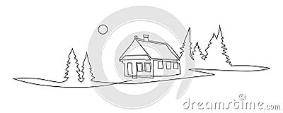 Small lonely wooden house in the Spruce forest. Landscape at sunset Continuous line drawing illustration Cartoon Illustration