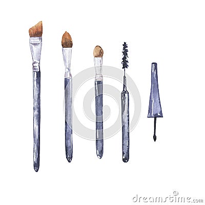 Small makeup fluffy brush collection. Watercolor. Cartoon Illustration