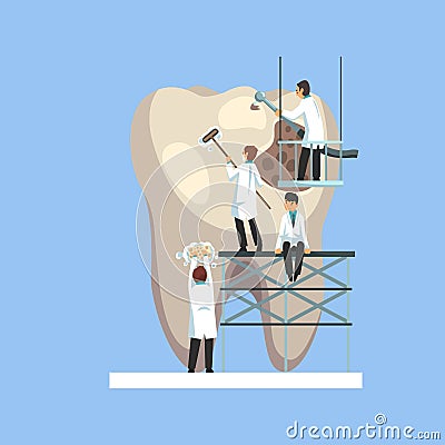 Small Male Doctors Cleaning and Treating Giant Unhealthy Tooth with Plaque and Caries Hole Vector Illustration Vector Illustration