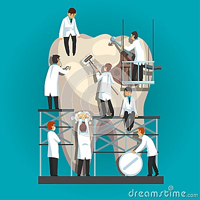 Small Male Doctors Treating and Cleaning Giant Unhealthy Tooth Vector Illustration Vector Illustration
