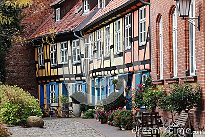 Small medieval houses, Johanniskloster, Stralsund, Germany Stock Photo