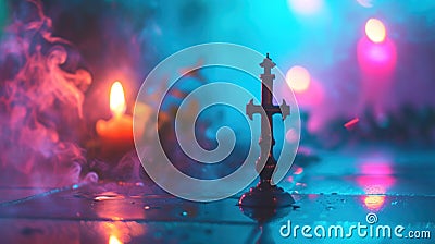 A small metal cross on a tiled floor with some candles, AI Stock Photo